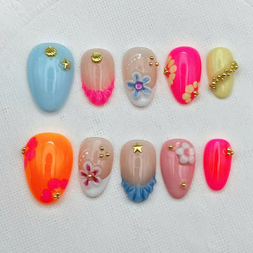 Handmade 3D Flower Gold Shell Star Summer Vibrant Press on Nails R62