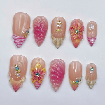 Handmade 3D Flower Seashell Tropical Pink Summer Press on Nails N85