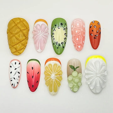 Handmade 3D Summer Fruit Salad Fun Bright Colorful Press on Nails U49