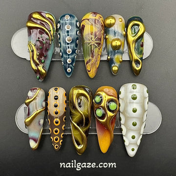 Handmade Abstract Gold 3D Sculptural Unique Artistic Press on Nails A49