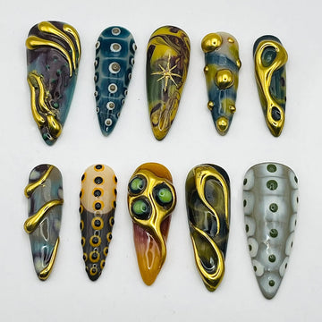 Handmade Abstract Gold Metallic Textured Unique Press on Nails Y86