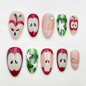 Handmade Apple Fruit Star Red Green Cute Press on Nails D10