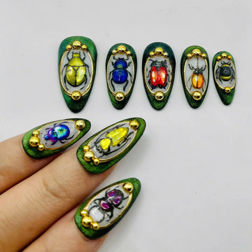 Handmade Beetle Green Cat Eye Insect Lovers Gold Framed Press on Nails C28