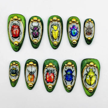 Handmade Beetle Scarab Insect 3D Gold Green Cat Eye Press on Nails C28