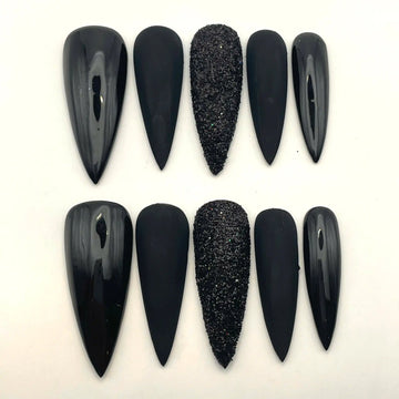 Handmade Black Matte Glitter Sleek Gothic Unique Press on Nails F75