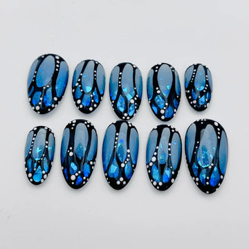 Handmade Blue Butterfly Wing Fairy Black White Sparkle Press on Nails D07