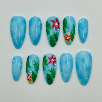 Handmade Blue Floral Palm Summer Vacation Press on Nails Z27