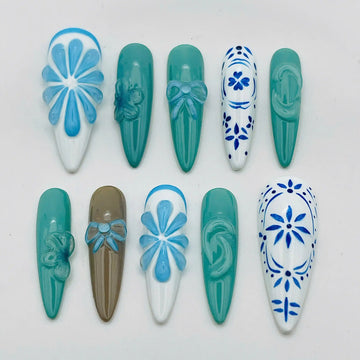 Handmade Blue White 3D Flower Tile Fruit Unique Press on Nails N47