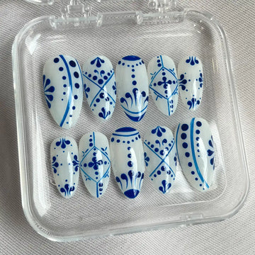 Handmade Blue White Ceramic Tile Mandala Boho Pattern Press on Nails W74