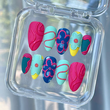 Handmade Bright Pink Blue Yellow 3D Floral Fun Press on Nails Z47