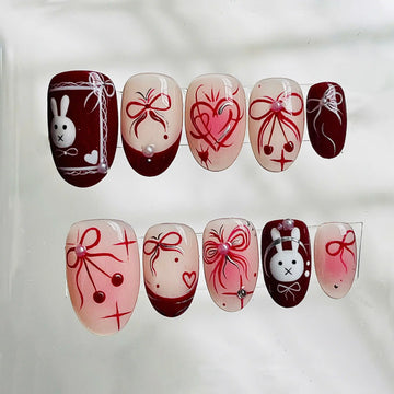 Handmade Bunny Bow Heart Red Cute Romantic Press on Nails Y58