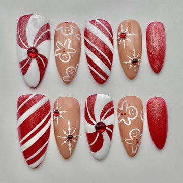 Handmade Christmas Candy Cane Gingerbread Swirl Press on Nails A87