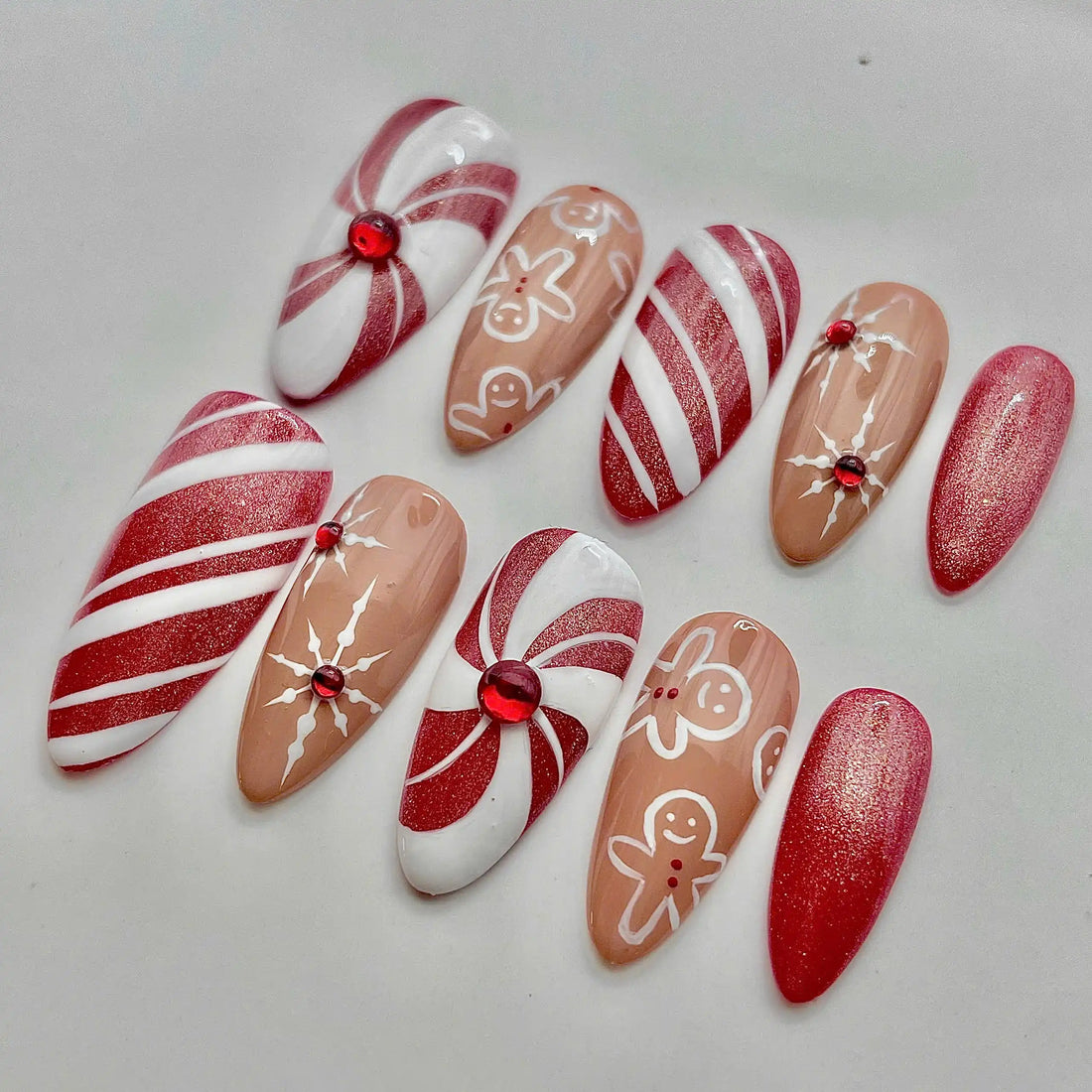 Handmade Christmas Candy Cane Gingerbread Swirl Press on Nails A87