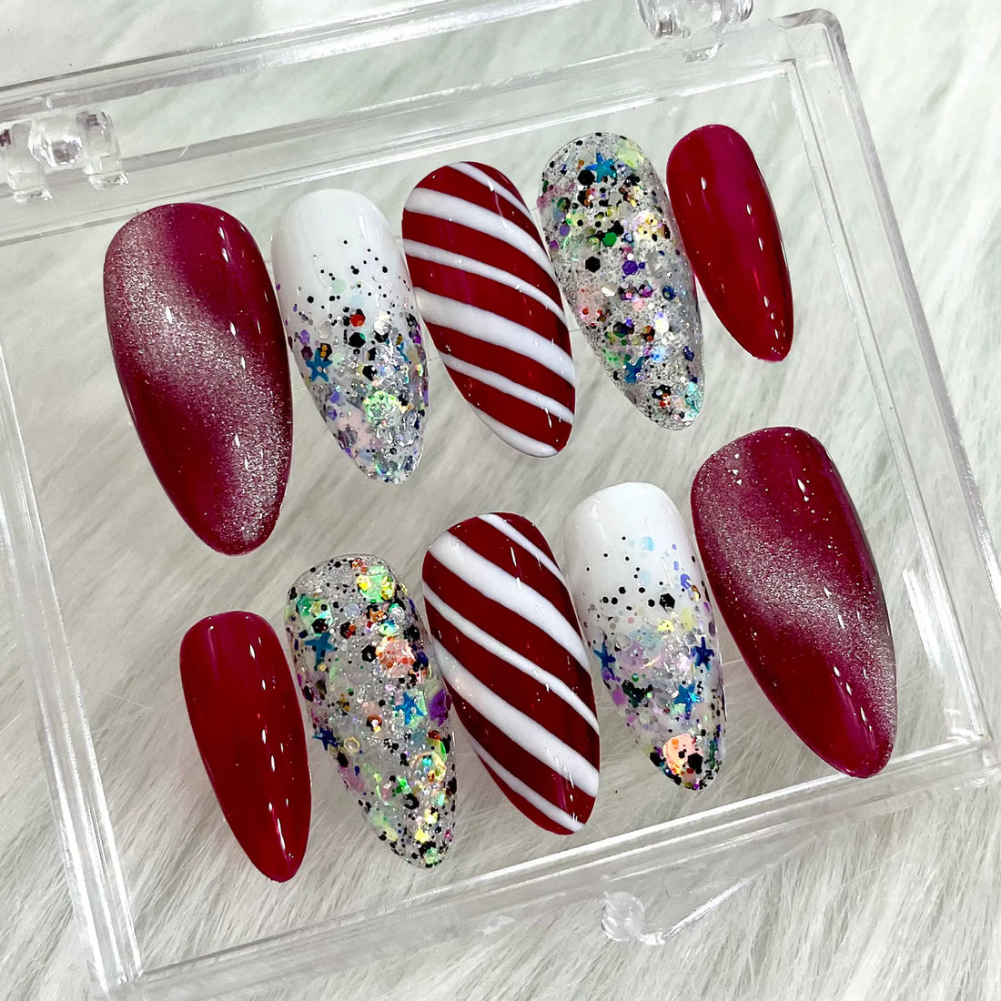 Handmade Christmas Candy Cane Glitter Red White Press on Nails Q69