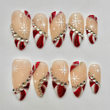 Handmade Christmas Candy Cane Snowflake Red Glitter Press on Nails U27
