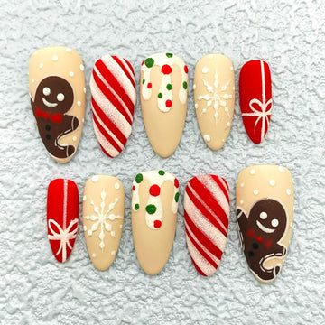 Handmade Christmas Gingerbread Candy Cane Snowflake Press on Nails G28