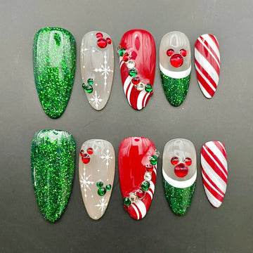 Handmade Christmas Green Red Glitter Holiday Festive Press on Nails B44