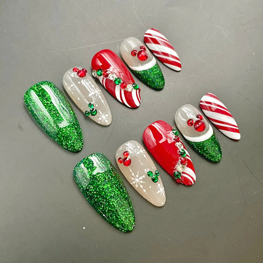 Handmade Christmas Green Red Glitter Holiday Festive Press on Nails B44
