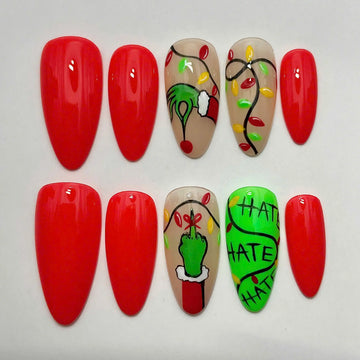 Handmade Christmas Gri nch Lights Hate Red Green Press on Nails E41