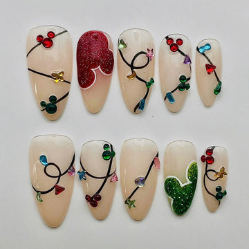 Handmade Christmas Lights Colorful Glitter Festive Press on Nails C10