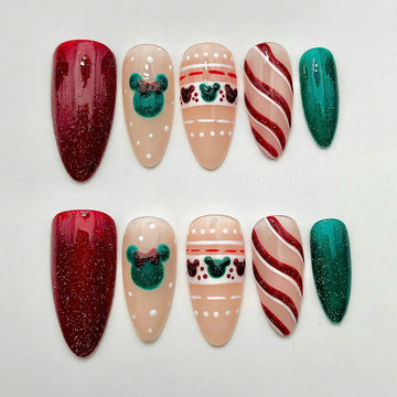 Handmade Christmas Mouse Head Red Green Glitter Festive Press on Nails O29