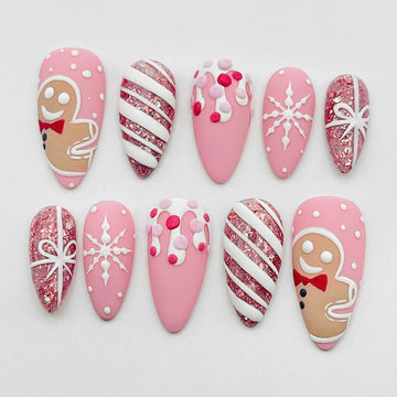 Handmade Christmas Pink Gingerbread Candy Cane Snowflake Press on Nails B59