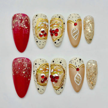 Handmade Christmas Red Gold Glitter Berries Festive Press on Nails Q81
