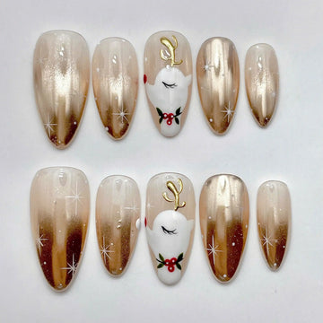 Handmade Christmas Reindeer Gold Metallic Star Festive Press on Nails P35