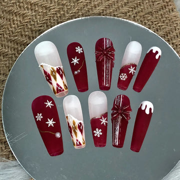 Handmade Christmas Snowflake Bow Red White Holiday Press on Nails Q09
