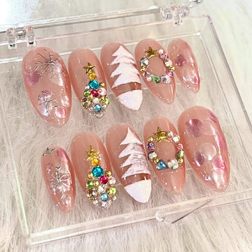 Handmade Christmas Tree Wreath Snowflake Rhinestone Press on Nails V74