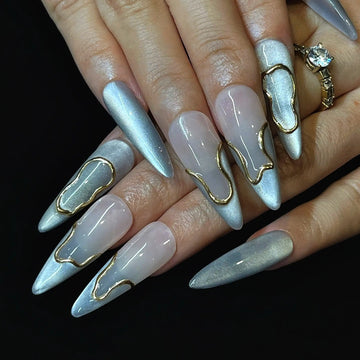 Handmade Chrome Cat Eye Gold Metallic Luxury Press on Nails K79