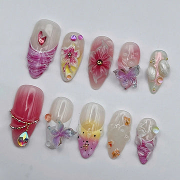 Handmade Fairy Butterfly 3D Flower Pastel Crystal Press on Nails V64