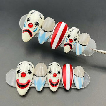 Handmade Clown Circus Spooky Happy Sad Stripe Unique Press on Nails Z86