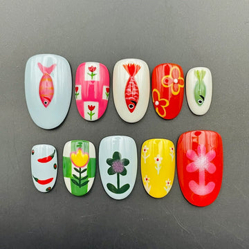 Handmade Colorful Folk Art Fish Flower Chili Unique Press on Nails X54