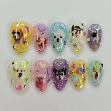 Handmade Cute Dog Puppy Animal Glitter Pastel Star Press on Nails P67
