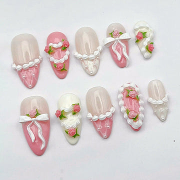 Handmade Dessert Pink White 3D Rose Bow Romantic Press on Nails Z48