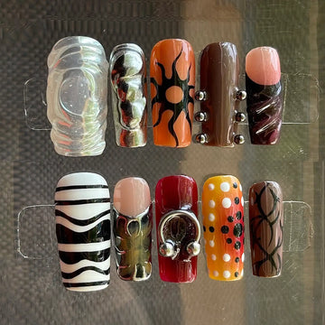 Handmade Edgy Unique Abstract Piercing Textured Multi-Color Press on Nails G15