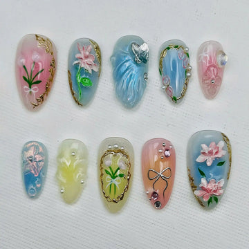 Handmade Fairy Pastel Floral 3D Gold Dreamy Unique Press on Nails Y76