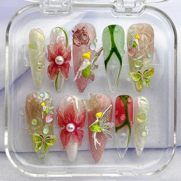 Handmade Fairy Tinker 3D Floral Butterfly Magical Press on Nails W02