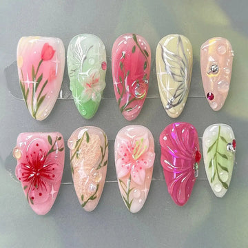 Handmade Floral 3D Butterfly Dreamy Pink Green Press on Nails A04