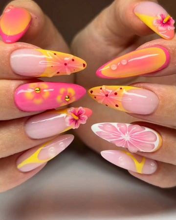 Handmade Floral 3D Fruit Ombre Pink Orange Summer Fake Nails Q49