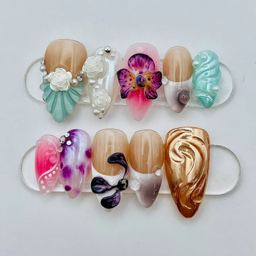 Handmade Floral 3D Orchid Gold Pearl Abstract Artistic Press on Nails M27