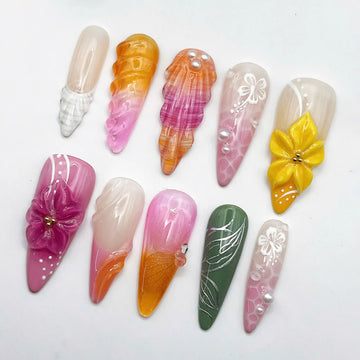 Handmade Floral 3D Seashell Pearl Pink Summer Press on Nails D08