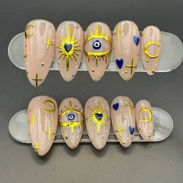 Handmade Gold Evil Eye Sun Moon Star Cosmic Nude Press on Nails Z44