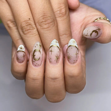 Handmade Gold Moon Star Celestial Elegant Press on Nails N97