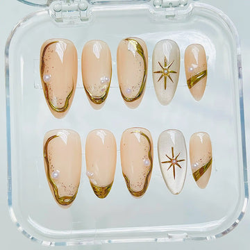 Handmade Gold Pearl Abstract Swirl Starburst Elegant Press on Nails A86