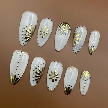 Handmade Gold White Ornate Elegant Unique Metallic Press on Nails B77