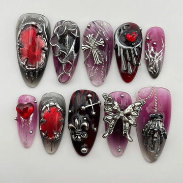 Handmade Gothic Silver Red Heart Cross Butterfly Press on Nails E46