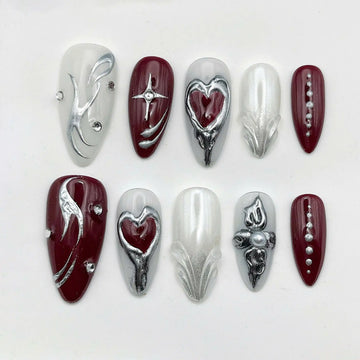 Handmade Gothic Silver Red Heart Star Press on Nails C44