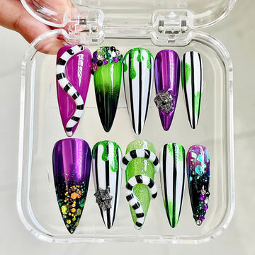 Handmade Halloween Beetle juice Glitter Purple Green Press on Nails U88